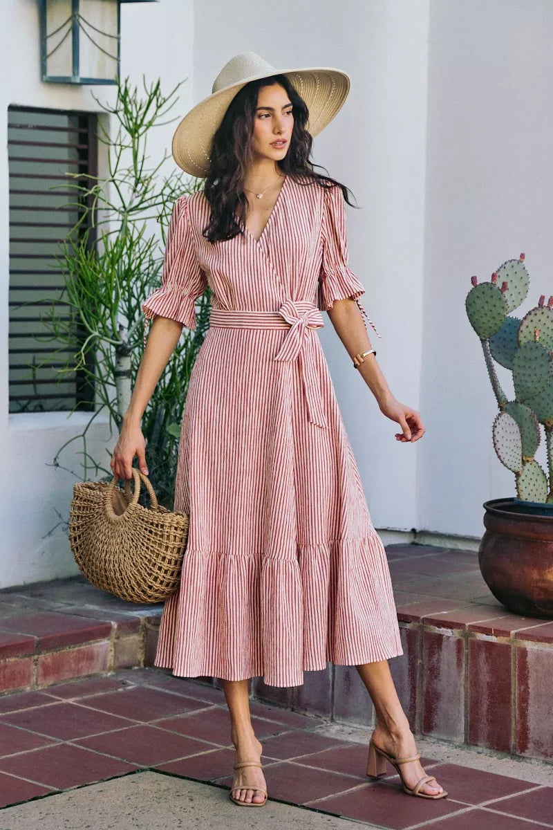 SO ME Stripe Textured Short Sleeves Lined Wrap Midi Dress