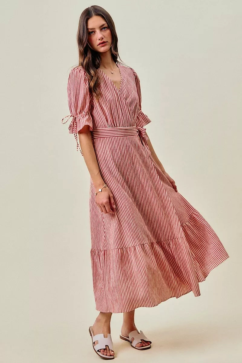 SO ME Stripe Textured Short Sleeves Lined Wrap Midi Dress