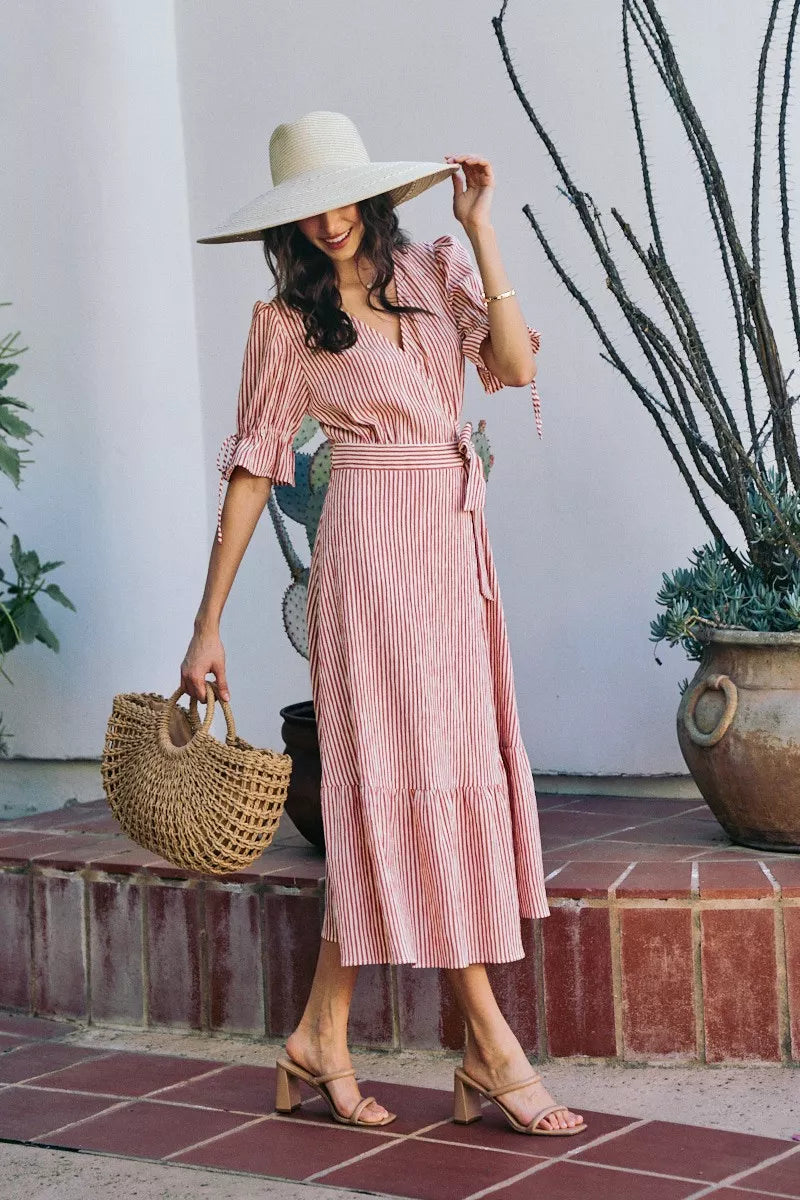 SO ME Stripe Textured Short Sleeves Lined Wrap Midi Dress